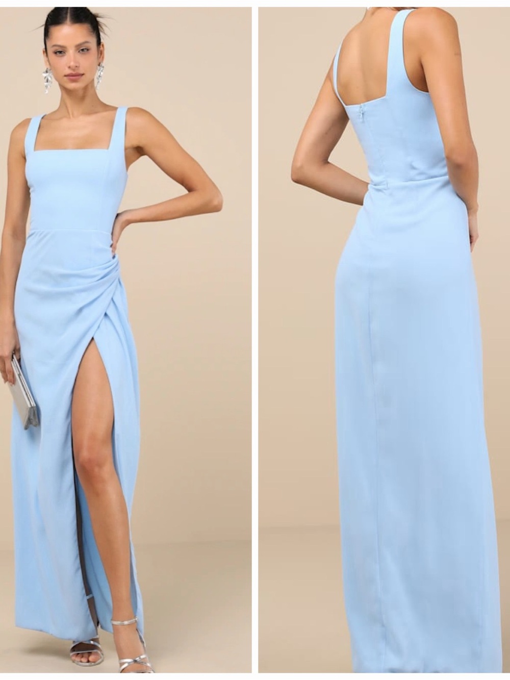Lulus Blue Maxi Dress Square Neck Side Slit Ruched Formal Evening Gown L